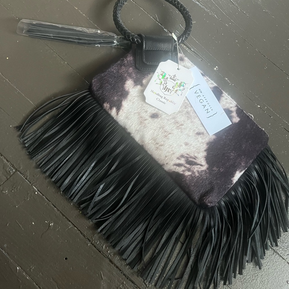 Chic Vegan Black and White Fringe Wristlet
